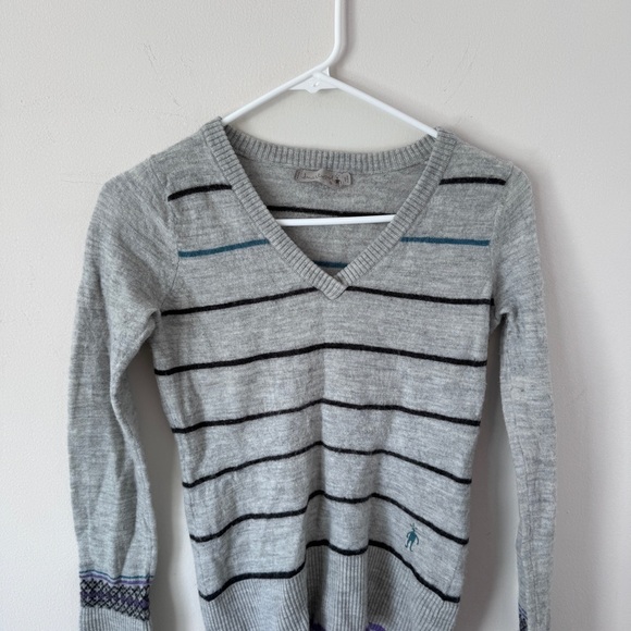 SMARTWOOL MERINO WOOL GRAY STRIPED V NECK SWEATER LONG SLEEVE PULLOVER LOGO - Picture 4 of 7
